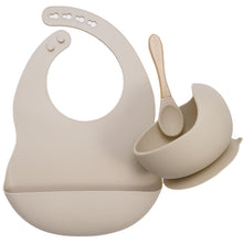 Load image into Gallery viewer, Baby Food Grade Dinner Set(bib+suction bowl+wooden handle spoon)